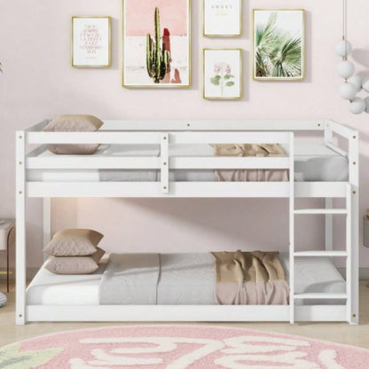 Solid Wooden, Solid Rubber Wooden Twin over Twin Floor Bunk Bed with Ladder, with Bed Platform of Strengthened Slats, White