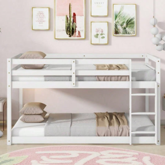 Solid Wooden, Solid Rubber Wooden Twin over Twin Floor Bunk Bed with Ladder, with Bed Platform of Strengthened Slats, White