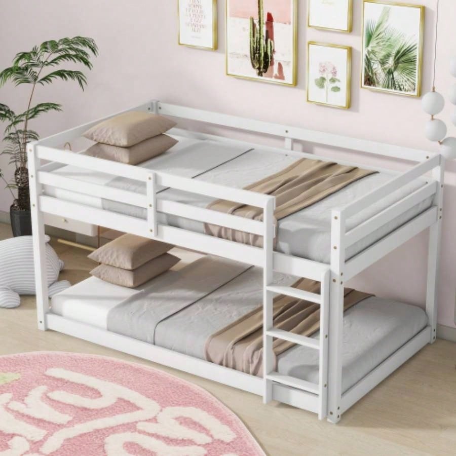 Solid Wooden, Solid Rubber Wooden Twin over Twin Floor Bunk Bed with Ladder, with Bed Platform of Strengthened Slats, White