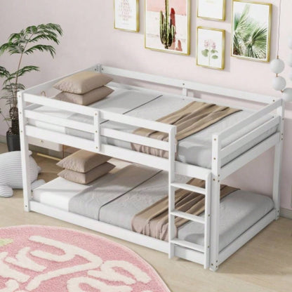 Solid Wooden, Solid Rubber Wooden Twin over Twin Floor Bunk Bed with Ladder, with Bed Platform of Strengthened Slats, White