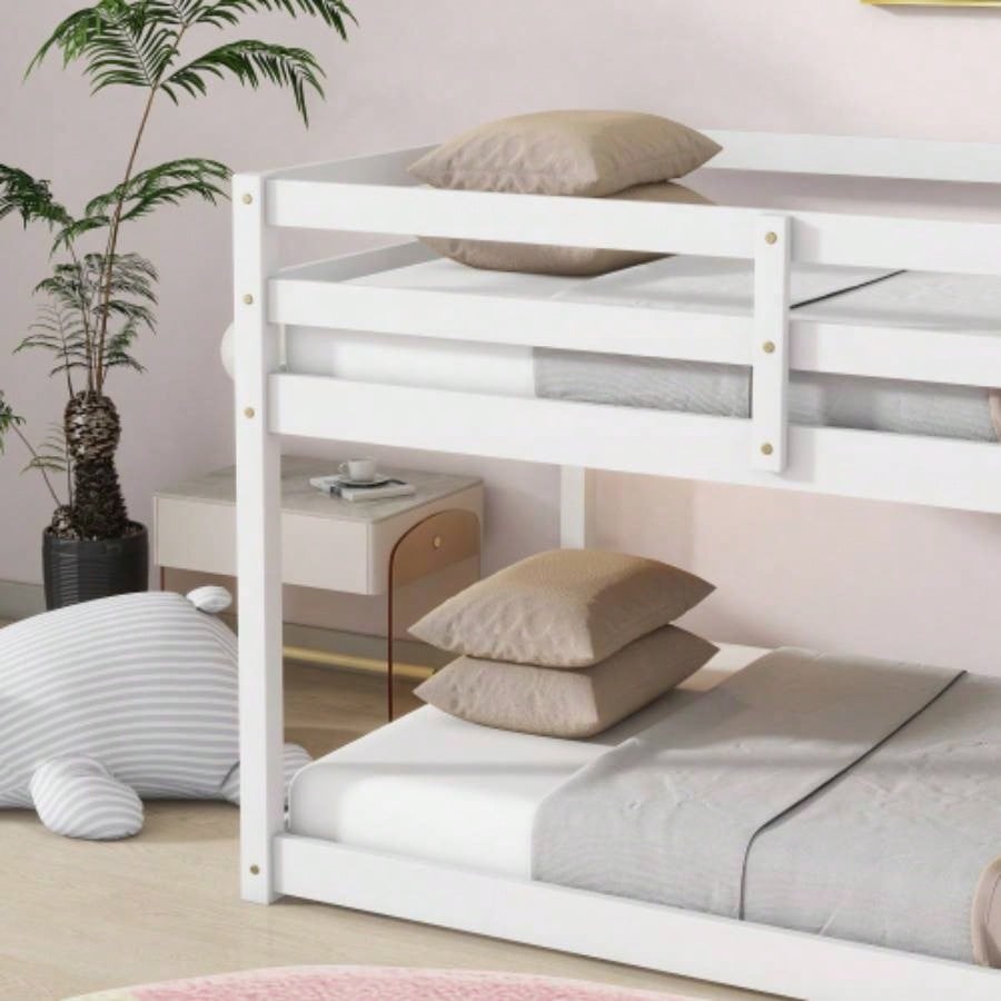 Solid Wooden, Solid Rubber Wooden Twin over Twin Floor Bunk Bed with Ladder, with Bed Platform of Strengthened Slats, White