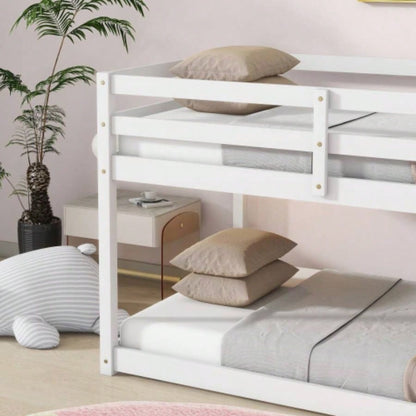 Solid Wooden, Solid Rubber Wooden Twin over Twin Floor Bunk Bed with Ladder, with Bed Platform of Strengthened Slats, White