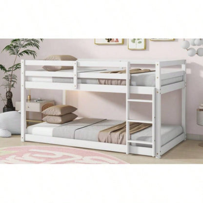 Solid Wooden, Solid Rubber Wooden Twin over Twin Floor Bunk Bed with Ladder, with Bed Platform of Strengthened Slats, White