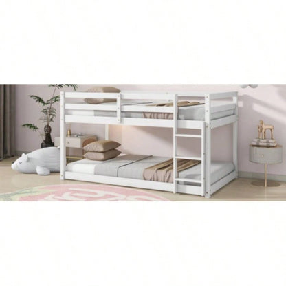 Solid Wooden, Solid Rubber Wooden Twin over Twin Floor Bunk Bed with Ladder, with Bed Platform of Strengthened Slats, White