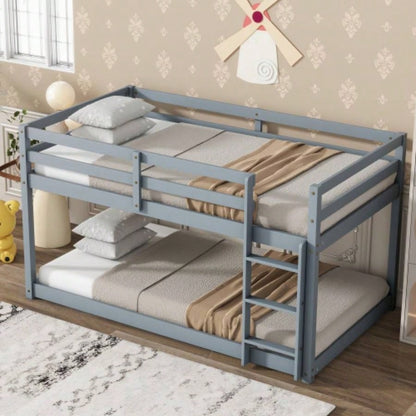Solid Wooden, Solid Rubber Wooden Twin over Twin Floor Bunk Bed with Ladder, with Bed Platform of Strengthened Slats,