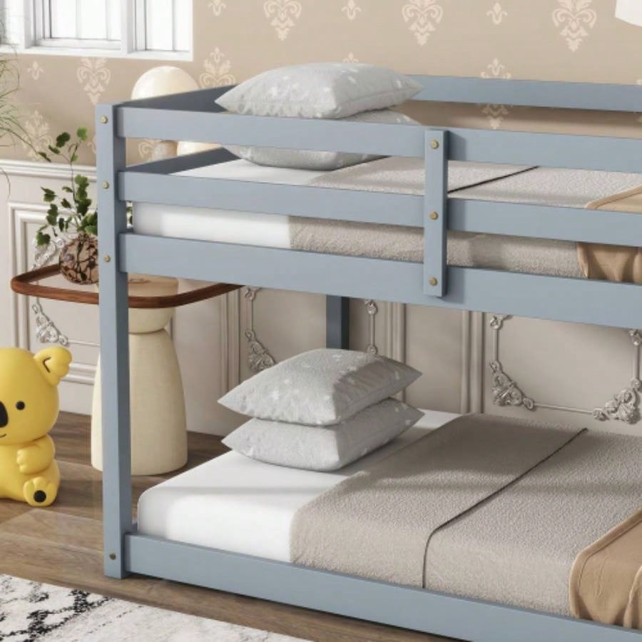Solid Wooden, Solid Rubber Wooden Twin over Twin Floor Bunk Bed with Ladder, with Bed Platform of Strengthened Slats,