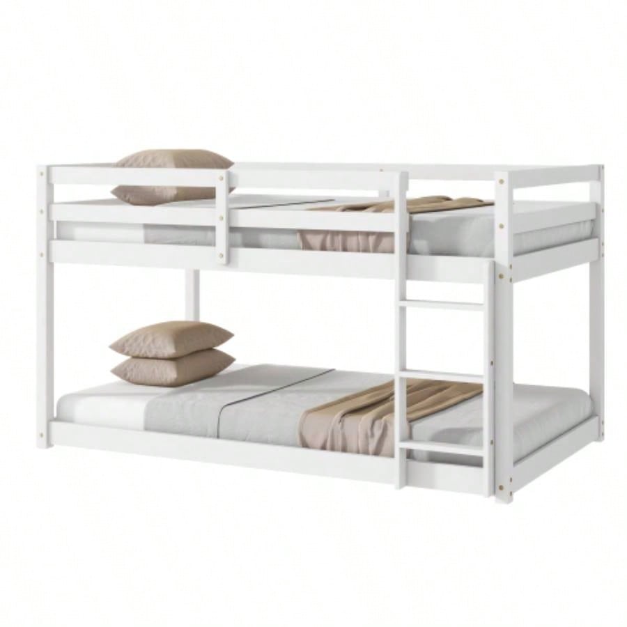 Solid Wooden, Solid Rubber Wooden Twin over Twin Floor Bunk Bed with Ladder, with Bed Platform of Strengthened Slats, White