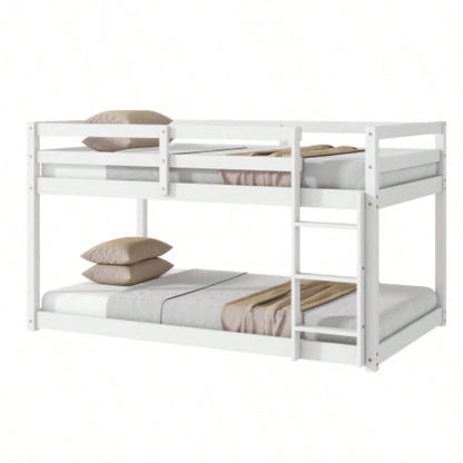 Solid Wooden, Solid Rubber Wooden Twin over Twin Floor Bunk Bed with Ladder, with Bed Platform of Strengthened Slats, White