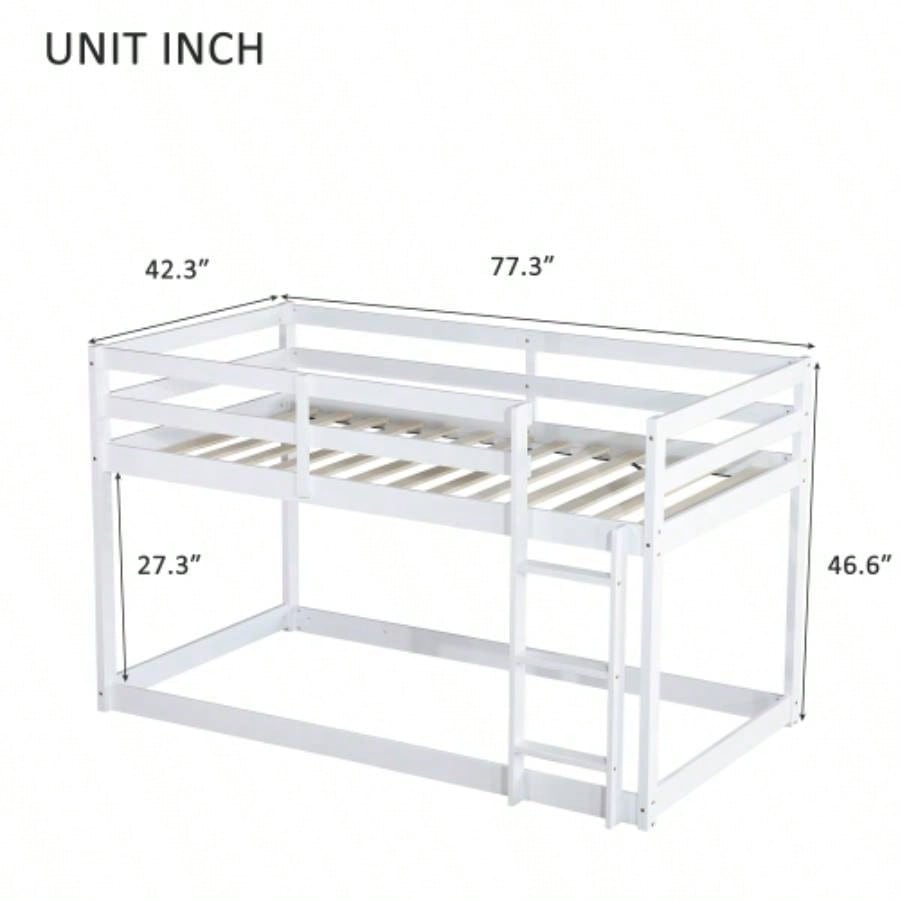 Solid Wooden, Solid Rubber Wooden Twin over Twin Floor Bunk Bed with Ladder, with Bed Platform of Strengthened Slats, White