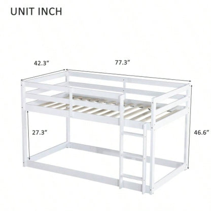 Solid Wooden, Solid Rubber Wooden Twin over Twin Floor Bunk Bed with Ladder, with Bed Platform of Strengthened Slats, White