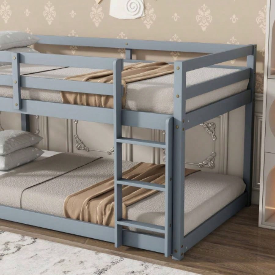 Solid Wooden, Solid Rubber Wooden Twin over Twin Floor Bunk Bed with Ladder, with Bed Platform of Strengthened Slats,