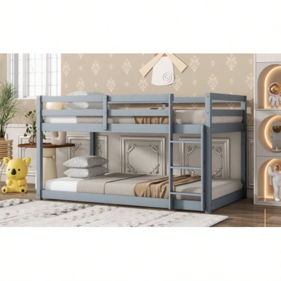Solid Wooden, Solid Rubber Wooden Twin over Twin Floor Bunk Bed with Ladder, with Bed Platform of Strengthened Slats,