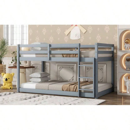 Solid Wooden, Solid Rubber Wooden Twin over Twin Floor Bunk Bed with Ladder, with Bed Platform of Strengthened Slats,