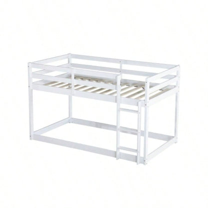 Solid Wooden, Solid Rubber Wooden Twin over Twin Floor Bunk Bed with Ladder, with Bed Platform of Strengthened Slats, White