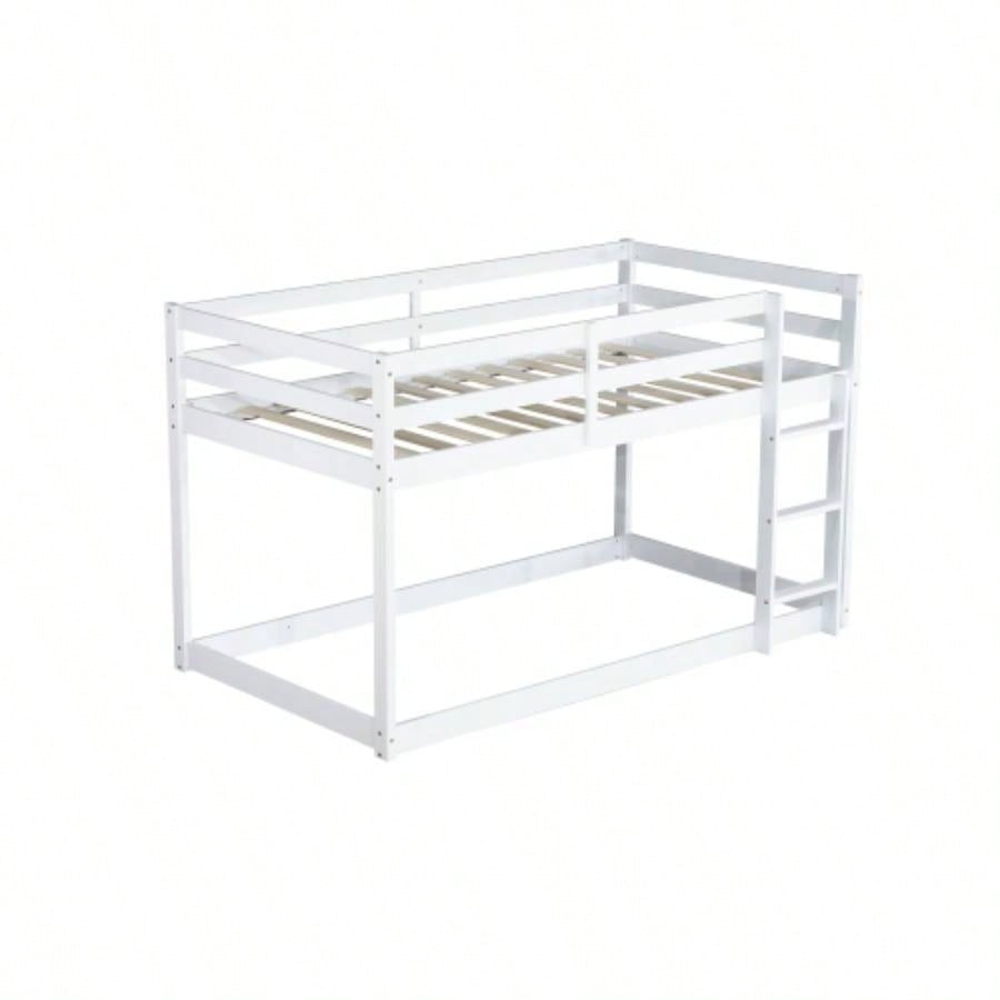Solid Wooden, Solid Rubber Wooden Twin over Twin Floor Bunk Bed with Ladder, with Bed Platform of Strengthened Slats, White
