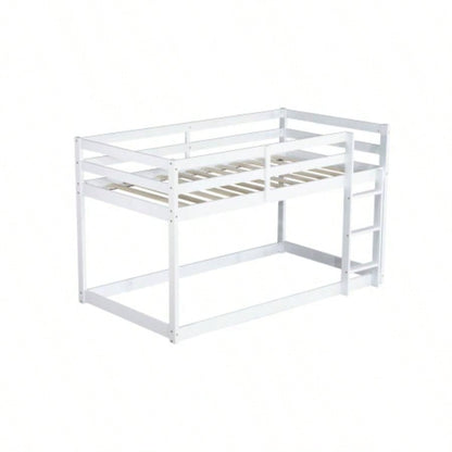 Solid Wooden, Solid Rubber Wooden Twin over Twin Floor Bunk Bed with Ladder, with Bed Platform of Strengthened Slats, White