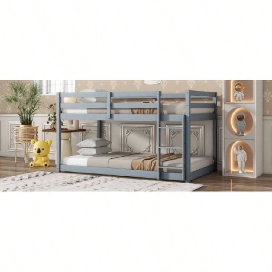Solid Wooden, Solid Rubber Wooden Twin over Twin Floor Bunk Bed with Ladder, with Bed Platform of Strengthened Slats,