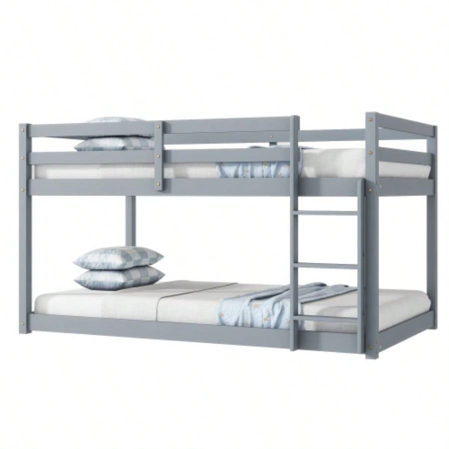 Solid Wooden, Solid Rubber Wooden Twin over Twin Floor Bunk Bed with Ladder, with Bed Platform of Strengthened Slats,