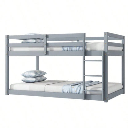 Solid Wooden, Solid Rubber Wooden Twin over Twin Floor Bunk Bed with Ladder, with Bed Platform of Strengthened Slats,