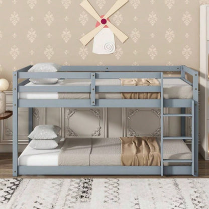 Solid Wooden, Solid Rubber Wooden Twin over Twin Floor Bunk Bed with Ladder, with Bed Platform of Strengthened Slats, White