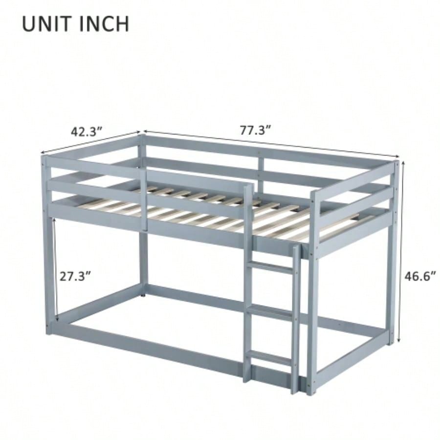 Solid Wooden, Solid Rubber Wooden Twin over Twin Floor Bunk Bed with Ladder, with Bed Platform of Strengthened Slats,