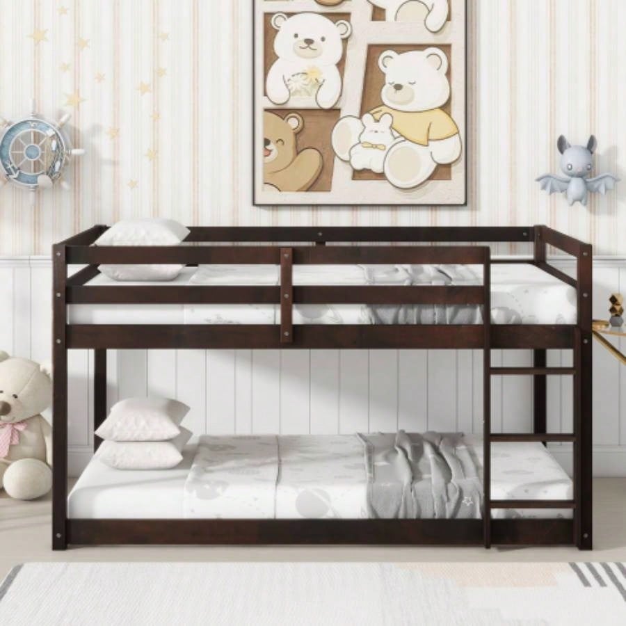 Solid Wooden, Solid Rubber Wooden Twin over Twin Floor Bunk Bed with Ladder, with Bed Platform of Strengthened Slats, White