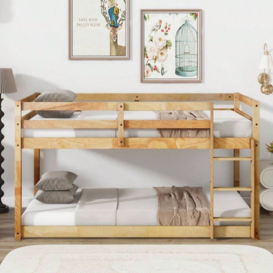 Solid Wooden, Solid Rubber Wooden Twin over Twin Floor Bunk Bed with Ladder, with Bed Platform of Strengthened Slats, White