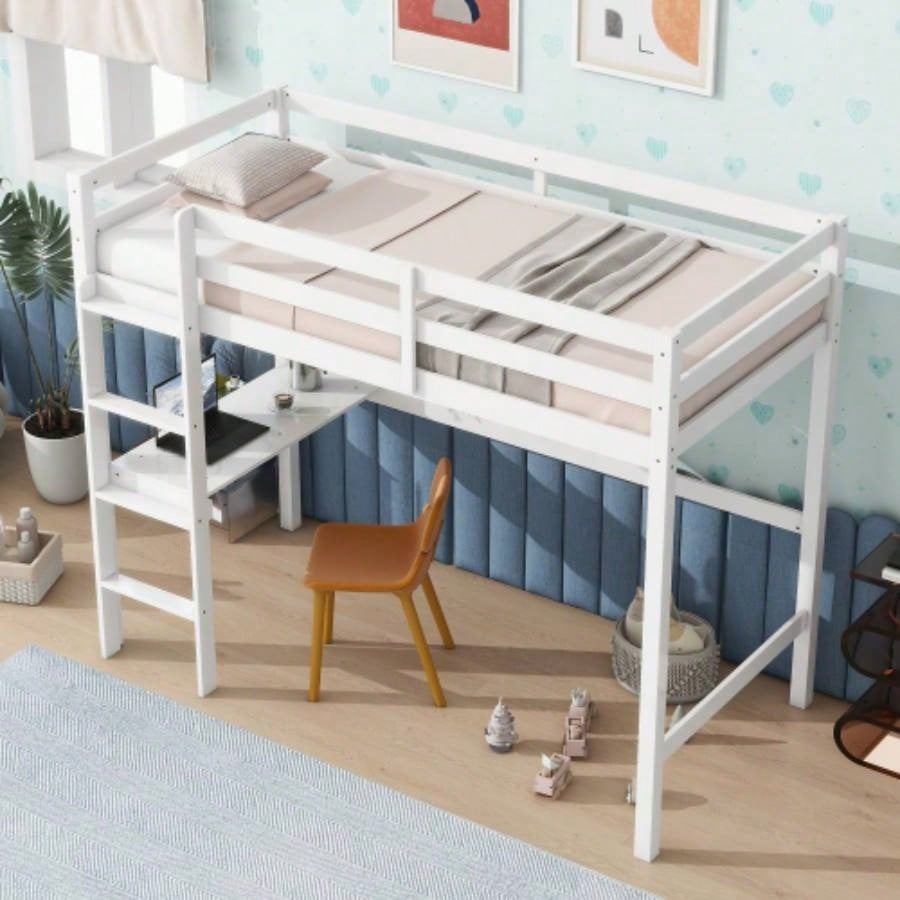 Twin High Loft Bed, Rubber Wood Loft Bed with Safety Guardrail, built - in desk, ladder, White