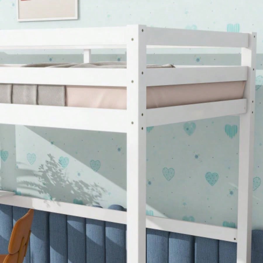 Twin High Loft Bed, Rubber Wood Loft Bed with Safety Guardrail, built - in desk, ladder, White