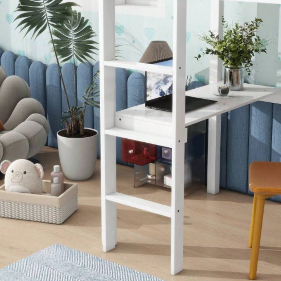 Twin High Loft Bed, Rubber Wood Loft Bed with Safety Guardrail, built - in desk, ladder, White