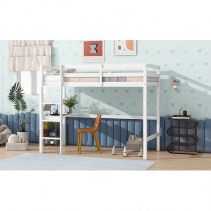 Twin High Loft Bed, Rubber Wood Loft Bed with Safety Guardrail, built - in desk, ladder, White
