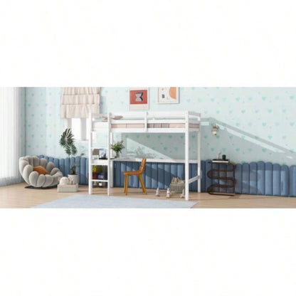 Twin High Loft Bed, Rubber Wood Loft Bed with Safety Guardrail, built - in desk, ladder, White