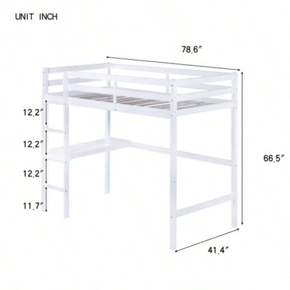 Twin High Loft Bed, Rubber Wood Loft Bed with Safety Guardrail, built - in desk, ladder, White