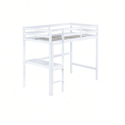 Twin High Loft Bed, Rubber Wood Loft Bed with Safety Guardrail, built - in desk, ladder, White