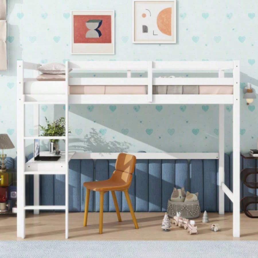 Twin High Loft Bed, Rubber Wood Loft Bed with Safety Guardrail, built - in desk, ladder, White