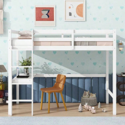 Twin High Loft Bed, Rubber Wood Loft Bed with Safety Guardrail, built - in desk, ladder, White