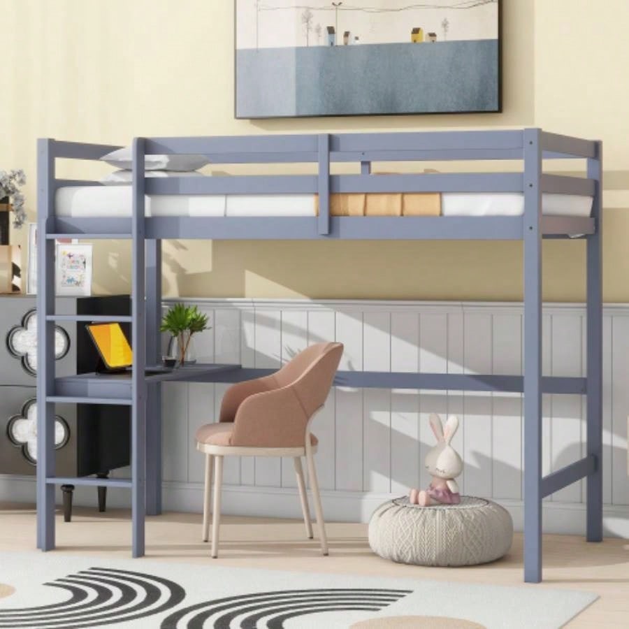 Twin High Loft Bed, Rubber Wood Loft Bed with Safety Guardrail, built - in desk, ladder, White