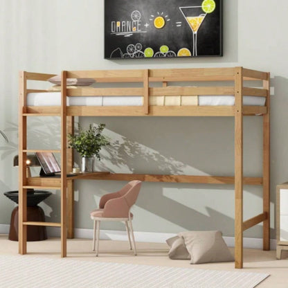 Twin High Loft Bed, Rubber Wood Loft Bed with Safety Guardrail, built - in desk, ladder, White
