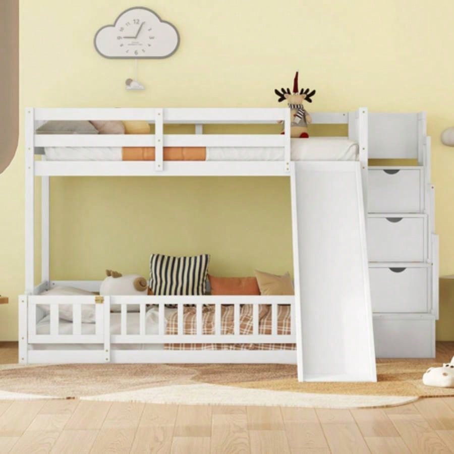 Twin Over Full Bunk Bed with Slide, Storage Staircase, Pine Solid Wooden Bunk Bed with Safety Guardrails, White