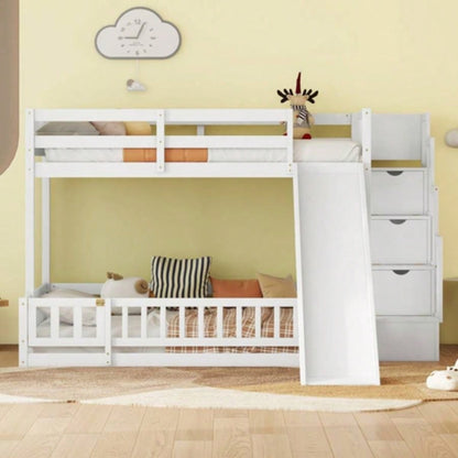 Twin Over Full Bunk Bed with Slide, Storage Staircase, Pine Solid Wooden Bunk Bed with Safety Guardrails, White