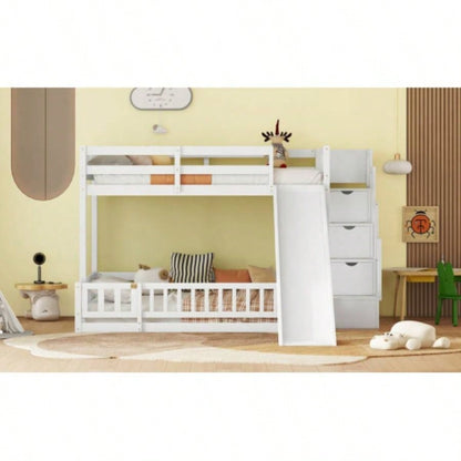 Twin Over Full Bunk Bed with Slide, Storage Staircase, Pine Solid Wooden Bunk Bed with Safety Guardrails, White