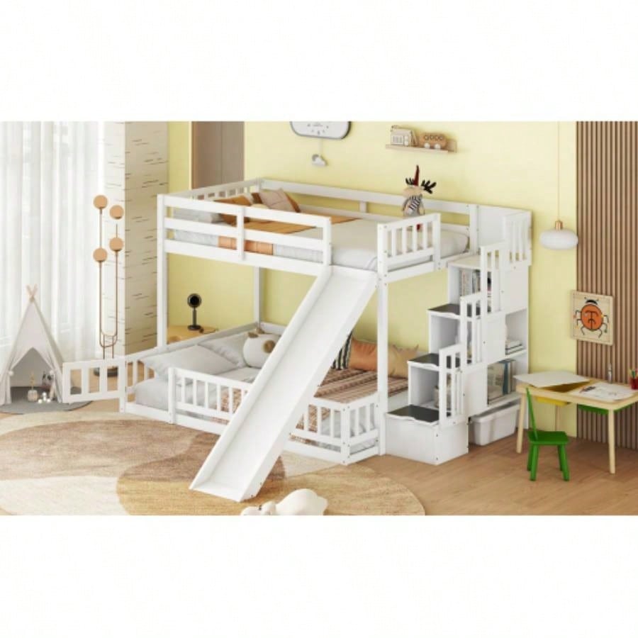 Twin Over Full Bunk Bed with Slide, Storage Staircase, Pine Solid Wooden Bunk Bed with Safety Guardrails, White