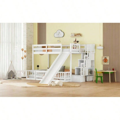 Twin Over Full Bunk Bed with Slide, Storage Staircase, Pine Solid Wooden Bunk Bed with Safety Guardrails, White