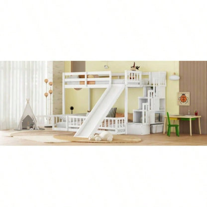 Twin Over Full Bunk Bed with Slide, Storage Staircase, Pine Solid Wooden Bunk Bed with Safety Guardrails, White