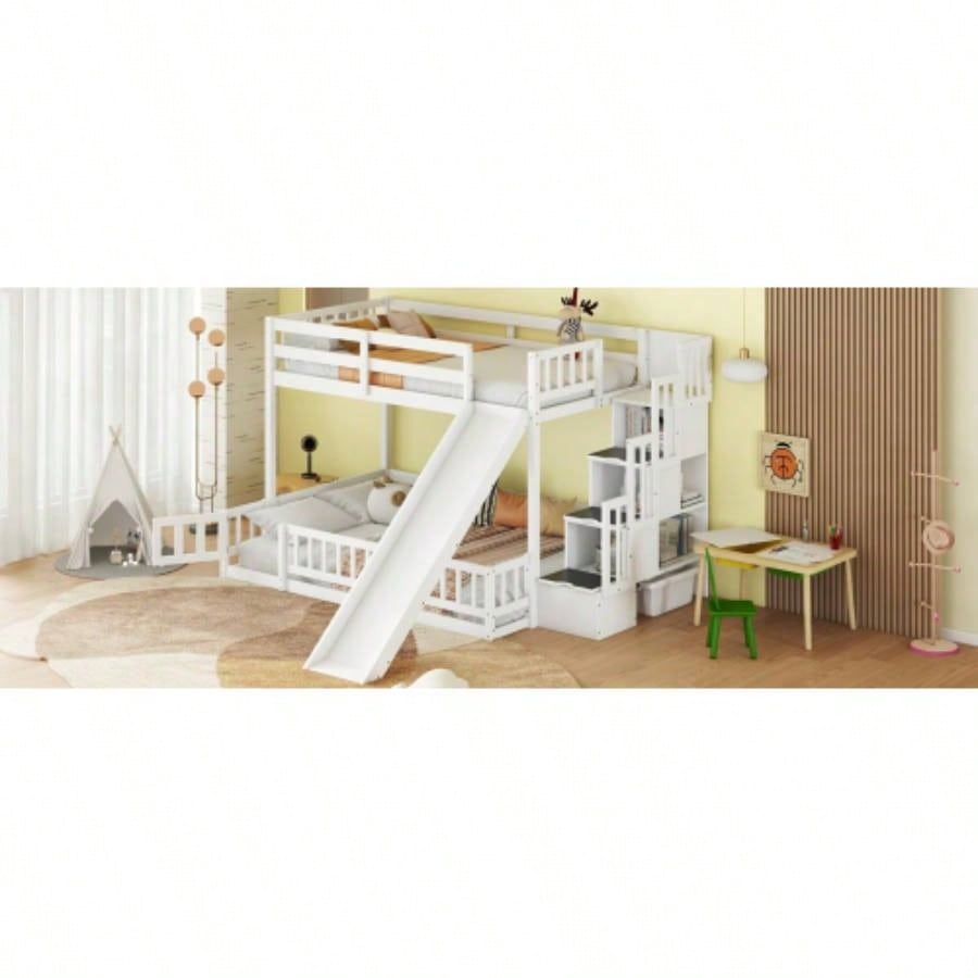 Twin Over Full Bunk Bed with Slide, Storage Staircase, Pine Solid Wooden Bunk Bed with Safety Guardrails, White