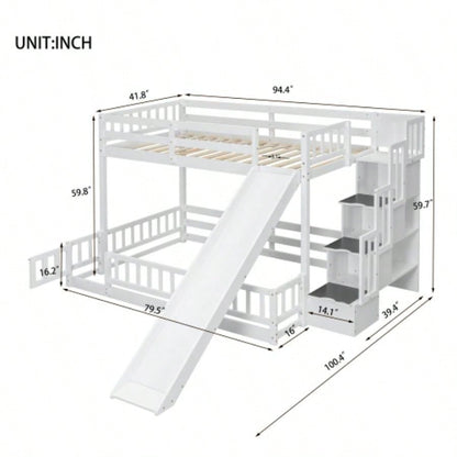 Twin Over Full Bunk Bed with Slide, Storage Staircase, Pine Solid Wooden Bunk Bed with Safety Guardrails, White