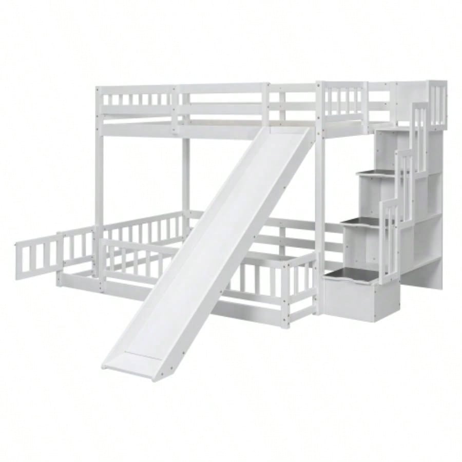 Twin Over Full Bunk Bed with Slide, Storage Staircase, Pine Solid Wooden Bunk Bed with Safety Guardrails, White