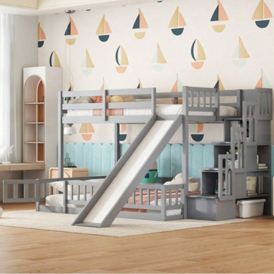 Twin Over Full Bunk Bed with Slide, Storage Staircase, Pine Solid Wooden Bunk Bed with Safety Guardrails, White