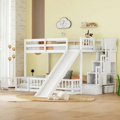 Twin Over Full Bunk Bed with Slide, Storage Staircase, Pine Solid Wooden Bunk Bed with Safety Guardrails, White