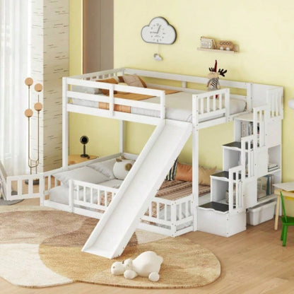 Twin Over Full Bunk Bed with Slide, Storage Staircase, Pine Solid Wooden Bunk Bed with Safety Guardrails, White